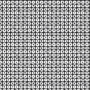 May include: A repeating pattern of white squares with a small circle in the center of each, set against a black background. The design has a hand-drawn, imperfect quality, creating a textured appearance. This pattern is suitable for fabric or wallpaper.