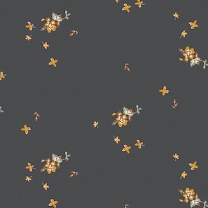 May include: Dark gray floral pattern featuring scattered yellow flowers and small leaves. The flowers have a cluster of yellow petals with hints of white and green. The leaves are a mix of yellow and brown.