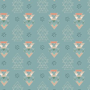 May include: A seamless pattern featuring a repeating geometric design of triangles and stars in shades of blue, green, pink, and white on a light blue background.