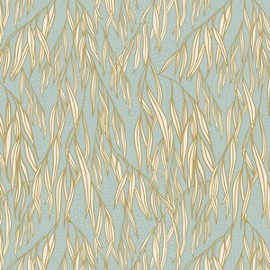 May include: A seamless pattern featuring delicate, stylized willow branches with light brown leaves on a light blue background.