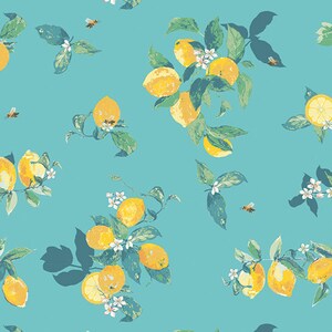 May include: A seamless pattern featuring yellow lemons and green leaves on a turquoise background.  Bees are flying around the lemons and flowers.
