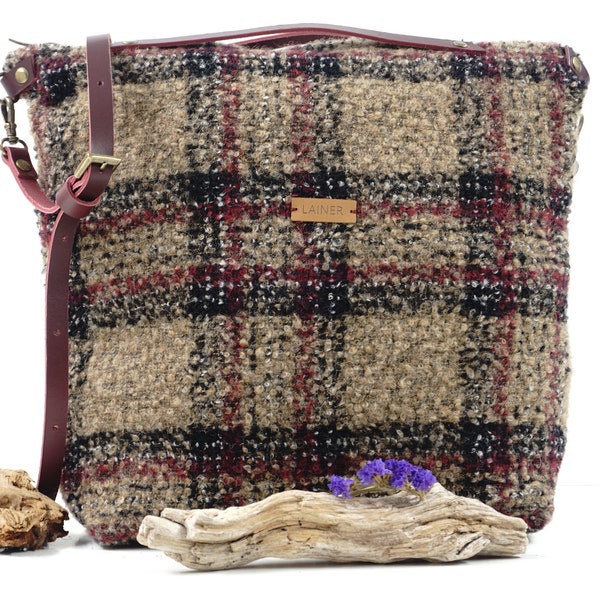 Sac à bandoulière en laine tweed avec poignées en cuir, grand sac de travail zippé, sac de tous les jours en laine à carreaux, idée cadeau pour la saint valentin