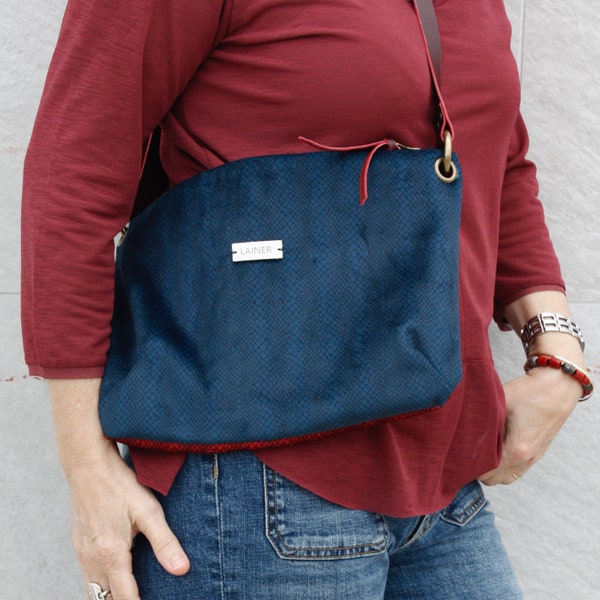 Sac à bandoulière en toile peau de serpent avec fermeture éclair, sac hobo léger et décontracté avec poignée en cuir, sac à bandoulière rouge et bleu pour femme urbaine