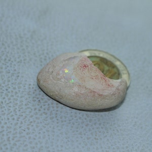 May include: A light-coloured, rounded stone with iridescent specks and red markings, set partially in a silver-coloured ring. The stone's shape and the ring's design suggest a piece of jewellery or a decorative item. The stone's measurements are in centimeters.