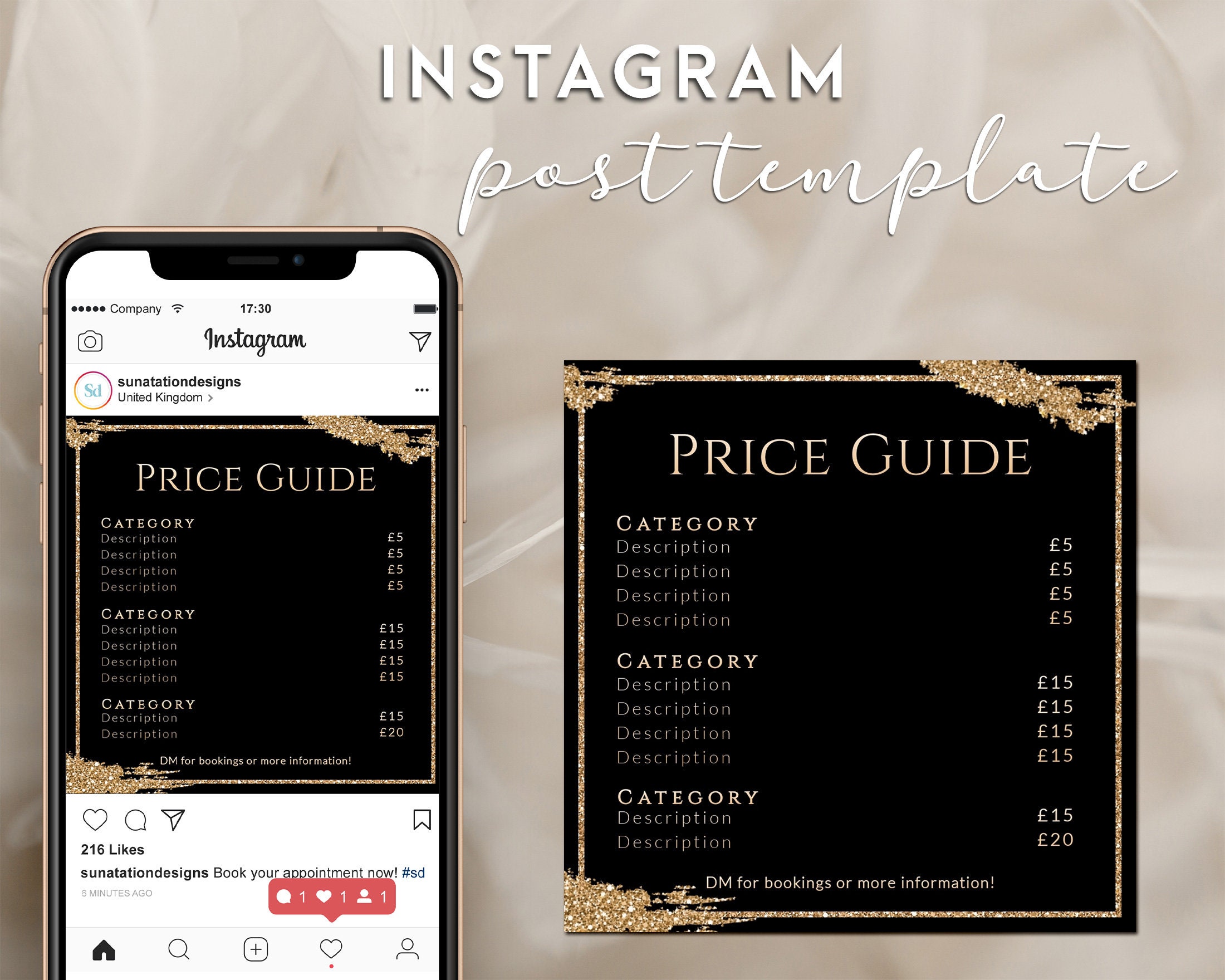 Gold Glitter Instagram Price List Beauty Service List IG Etsy