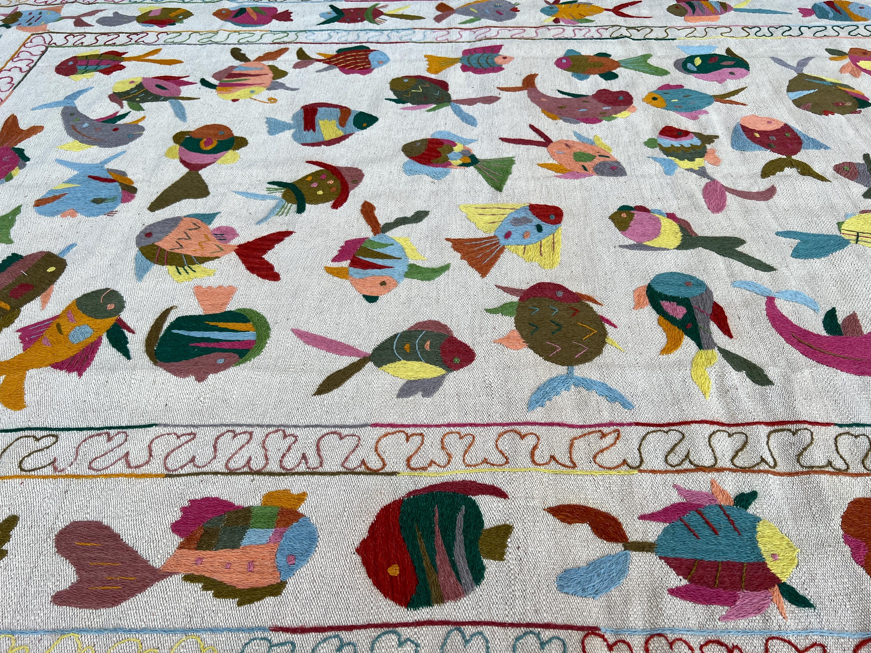 Kilim Fish Rug Embroidered Fish Design Suzani Hand Woven Kilim Rug. - Etsy
