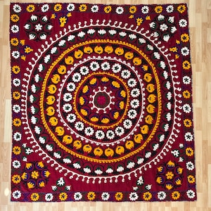 Vintage Suzani Silk Embroidered bed cover and wall hanging.