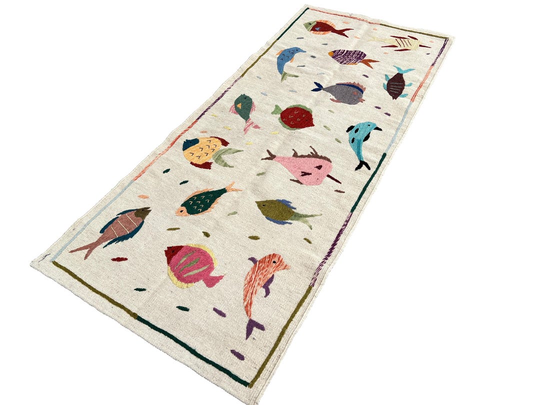 Kilim Fish Rug Embroidered Fish Design Suzani Hand Woven Kilim Rug. - Etsy