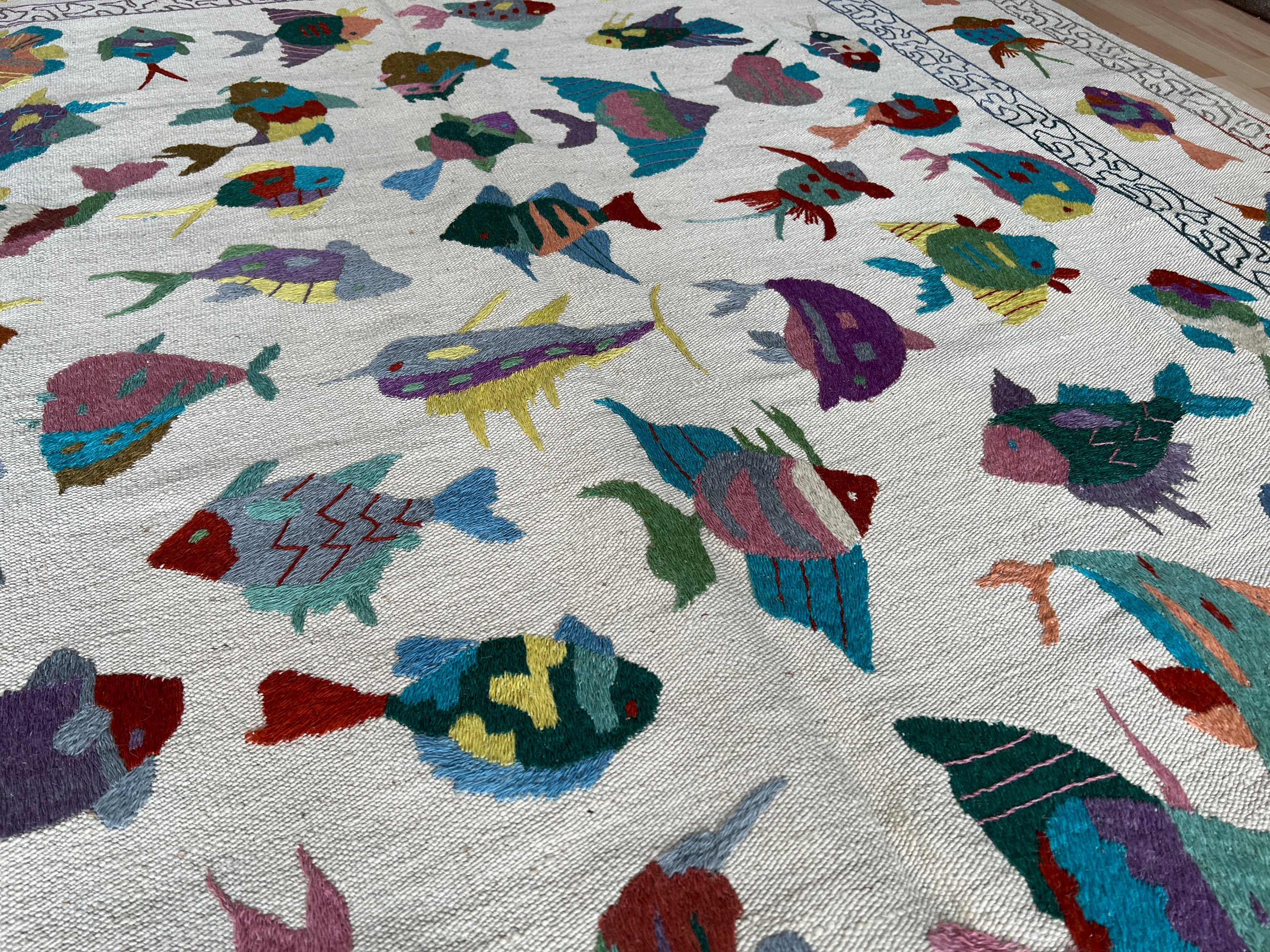 Embroidered Suzani Kilim Rug: Handmade Fish Design, 9.2x6.7 Ft - Etsy