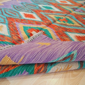 Vintage Afghan Maimana classic design organic dyed wool hand made flat woven kilim.