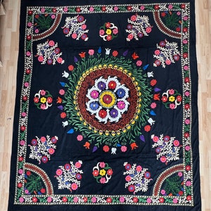 Velvet Silk Suzani Embroidered bed cover and wall hanging.