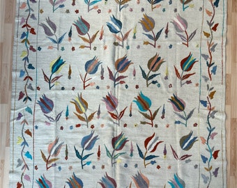 Embroidered Floral suzani Hand woven kilim.