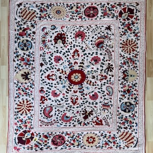 Vintage Suzani Silk Embroidered bed cover and wall hanging.