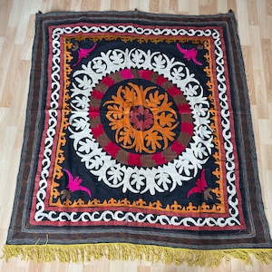 Vintage Samarkand Suzani Silk Embroidered bed cover and wall hanging.