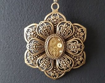Steampunk Necklace, Flower Necklace, Steampunk Flower, vintage bronze necklace, Steampunk Jewelry, Steampunk Pendant, filligree flower