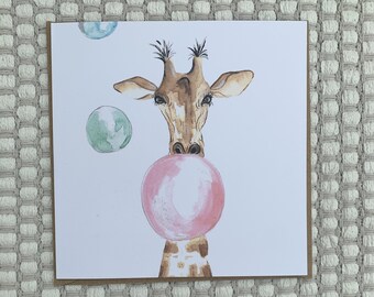 Giraffe Greetings Card, Giraffe Bubble Gum Design