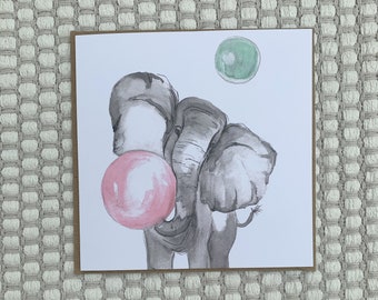 Elephant Greetings Card, Elephant Bubble Gum Design