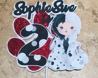 personalized cruella cake topper dalmation dog party decor villain birthday cake topper villain party decor custom cake topper