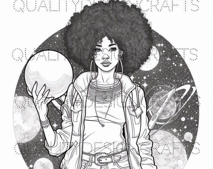 Galaxy Coloring Page Black Girl Magic Melanin Woman PNG Afro Fashion girl African American clipart PNG Planner Tshirt Tumbler Sublimation
