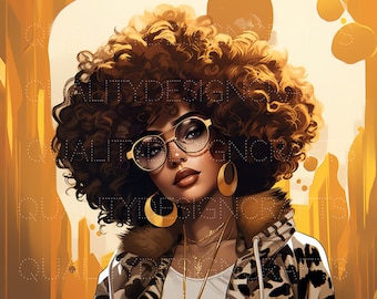 May include: A woman with an afro hairstyle wears round, gold-rimmed glasses and a leopard print jacket. She has gold hoop earrings and a gold necklace with a pendant.