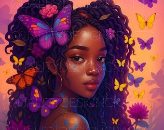 Afrocentric Schmetterling Dreadlock Königin PNG - Schwarze Frau Digital Download, lebendige Melanin Schönheit Clipart für Sublimation, T-Shirts Handwerk
