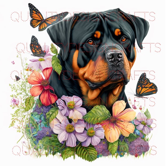 Colorful Rottie Portrait Flowers with Butterflies PNG Clipart for Sublimation Tshirts DTF Prints Planners Crafting Beautiful Canine Lovers