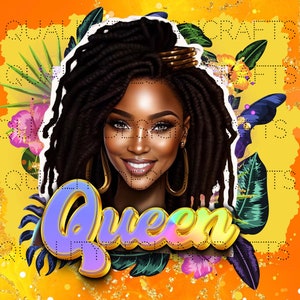 May include: A digital illustration of a woman with long, dark braids, wearing gold hoop earrings. The woman has a warm, inviting smile and is surrounded by tropical foliage. The word "Queen" is written in large, colorful letters in front of her.