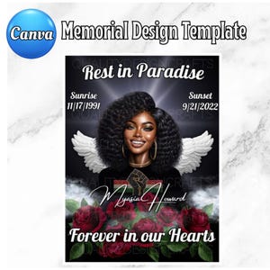 May include: A memorial design template featuring a portrait of a woman with dark curly hair and a bright smile. The background is black with white angel wings and red roses. The text reads "Rest in Paradise", "Sunrise 11/17/1991", "Sunset 9/21/2022", "Myasia Howard", and "Forever in our Hearts".