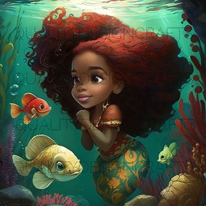 Mermaid Kids Beautiful Black Girl Magic Melanin Black PNG Afro Fashion girl African American clipart PNG Planner Tshirt Tumbler Sublimation