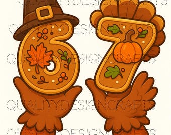 Erntedank Digital Art Print | Niedliches Truthahn Keks-Zahlen-Design | Herbst 6 und 7 Illustration | Ernte Kürbis & Blatt Clipart