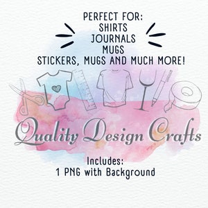 Puede incluir: Un dise&ntilde;o de acuarela con el texto "Quality Design Crafts" e ilustraciones de un body, una camiseta y otros art&iacute;culos. Tambi&eacute;n se incluye el texto "Perfect for: Shirts, Journals, Mugs, Stickers, Mugs and much more!"