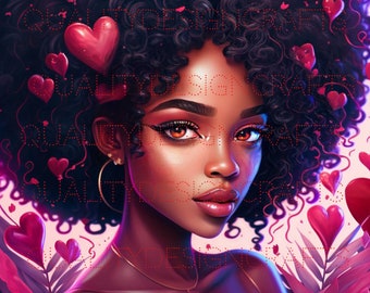 May include: A digital illustration of a Black woman with curly hair. She has brown skin, brown eyes, and red lips. She is surrounded by pink hearts.