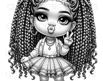 May include: Black and white illustration of a girl with long braided hair, wearing a plaid skirt, a jacket, and sneakers. She is smiling and giving a peace sign.