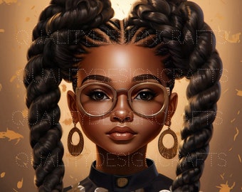 Afro Braided Girl PNG Sublimation Design | Black Girl Clipart with Glasses | Afrocentric Digital Download | Printable Artwork for Shirts