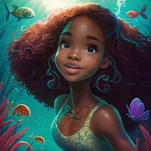 Mermaid Kids Beautiful Black Girl Magic Melanin Black PNG Afro Fashion girl African American clipart PNG Planner Tshirt Tumbler Sublimation