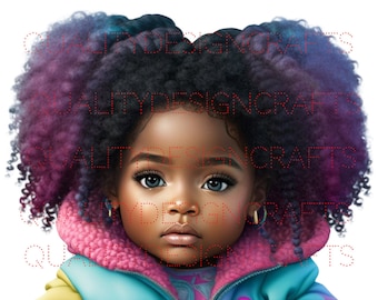 May include: A young girl with dark skin and blue eyes is wearing a colorful jacket with a pink collar. Her hair is styled in two large, curly buns, one purple and one blue.