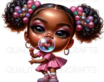 May include: A digital illustration of a young girl with dark brown curly hair blowing a bubble. She is wearing a pink dress, pink shoes, and earrings. She has large brown eyes and pink lips. The background is white.