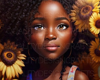 May include: A digital painting of a young Black girl with brown eyes and curly black hair. She is surrounded by sunflowers with yellow petals and brown centers. The background is a light blue sky.