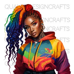 May include: A woman with long, colorful braids wears a bright, multi-colored jacket with a zipper. The jacket has a rainbow design with a yellow, orange, red, green, blue, and purple color scheme. The woman is looking at the camera.