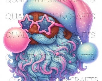 Trendy Pastell Schwarz African American Santa PNG - Coole Weihnachts Clipart mit Bubblegum Star Brille, Retro Urlaub Sublimation Design