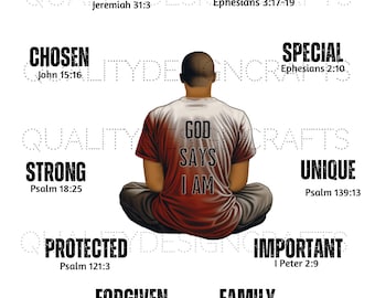 May include: A digital illustration of a person sitting in a meditative pose with the words "God Says I Am" on their shirt. The illustration is surrounded by words and bible verses, including "Loved", "Cared For", "Chosen", "Strong", "Protected", "Forgiven", "Special", "Unique", "Important", and "Family".