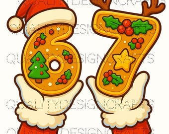 Weihnachtsplätzchen Numbers 6 und 7 PNG | Süßer Lebkuchen Cookie Clipart | Weihnachtsmütze & Rentiergeweih digitaler Download | Urlaub Backen