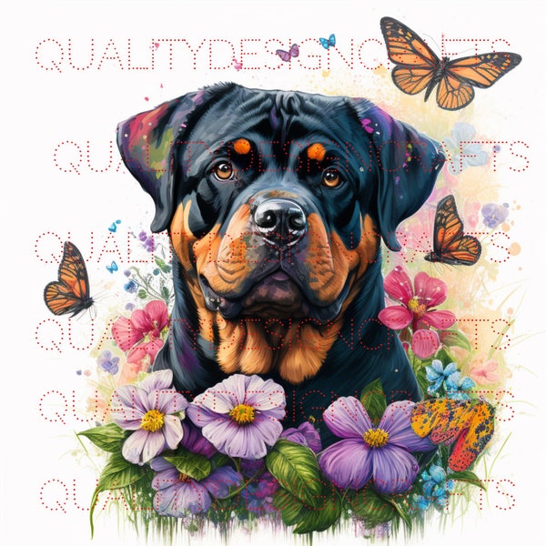 Colorful Rottie Portrait Flowers with Butterflies PNG Clipart for Sublimation Tshirts DTF Prints Planners Crafting Beautiful Canine Lovers