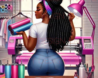 Black Woman Crafter Digital Art | Vinyl Cutting Machine Wall Print | Craft Room Decor for Crafters | Inspirational DIY Artwork
