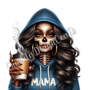 Herfst Halloween minnaar mama koffie schedel zelfliefde mooie zwarte moeder meisje leuk spooky magie Afro vrouw mama clipart planner sublimatie png PNGEgg