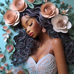 May include: A woman with long, dark hair is sleeping surrounded by paper flowers. The flowers are in shades of pink and white and are arranged in a circular pattern around her head. The woman is wearing a white dress with a butterfly design.