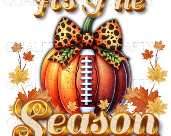 Pumpkin Football PNG – It’s The Season Leopard Bow Sublimation Design, Fall Autumn Thanksgiving Game Day Clipart for Shirts & Crafts