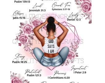 Dios dice que soy PNG – Diseño cristiano de sublimación con versículos bíblicos, clipart inspirador de mujer negra con fe para camisetas, tazas, guerrero de oración