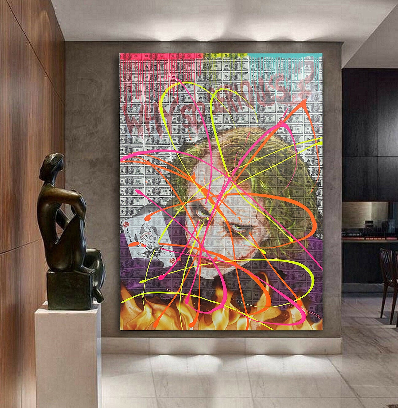 120 cm x 180 cm XXL painting large picture canvas pop art acrylic mix mixed media collage "Joker Dollar Burn" B175