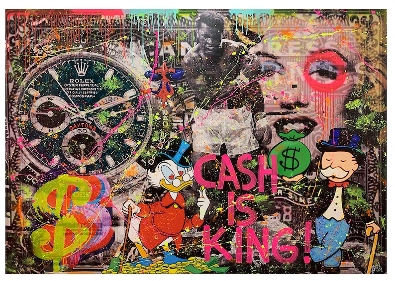 140 cm x 200 cm XXL dipinto grande quadro su tela pop art acrilico mix tecnica mista collage Cash is King Ali immagine 2